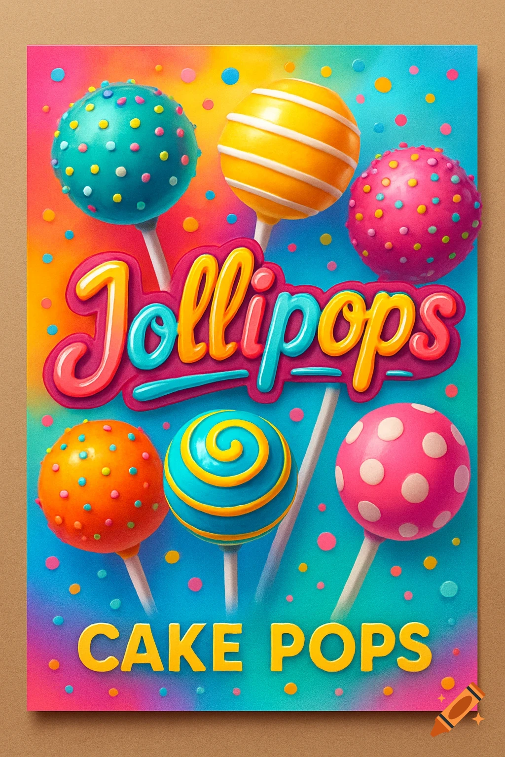 A bright, colorful leaflet featuring various cake pops and the text 'Jollipops' and 'CAKE POPS'.