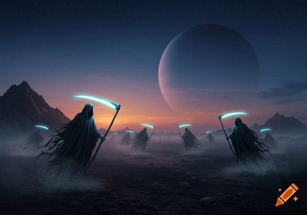 Multiple grim reapers with glowing scythes stand on a desolate alien planet under a large moon and starry sky at twilight, with distant mountains.
