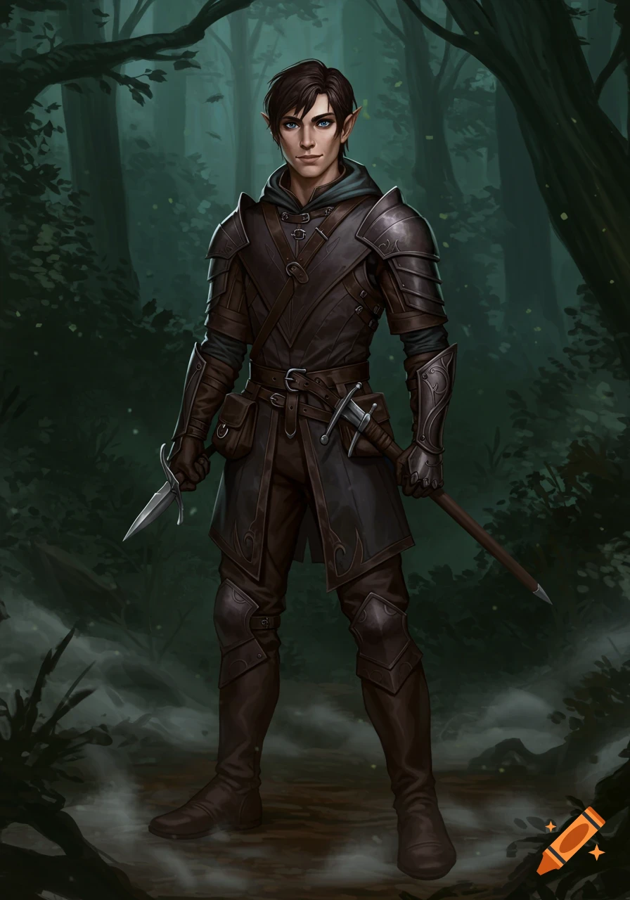 A male half-elf rogue with brown hair and blue eyes stands in a dark forest, wearing brown leather armor and holding a dagger and staff.
