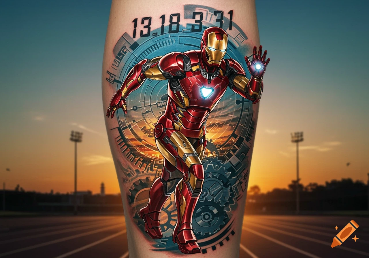 A vibrant Iron Man running tattoo with mechanical elements and '13.18.31' on a leg, set against a sunset athletic track.