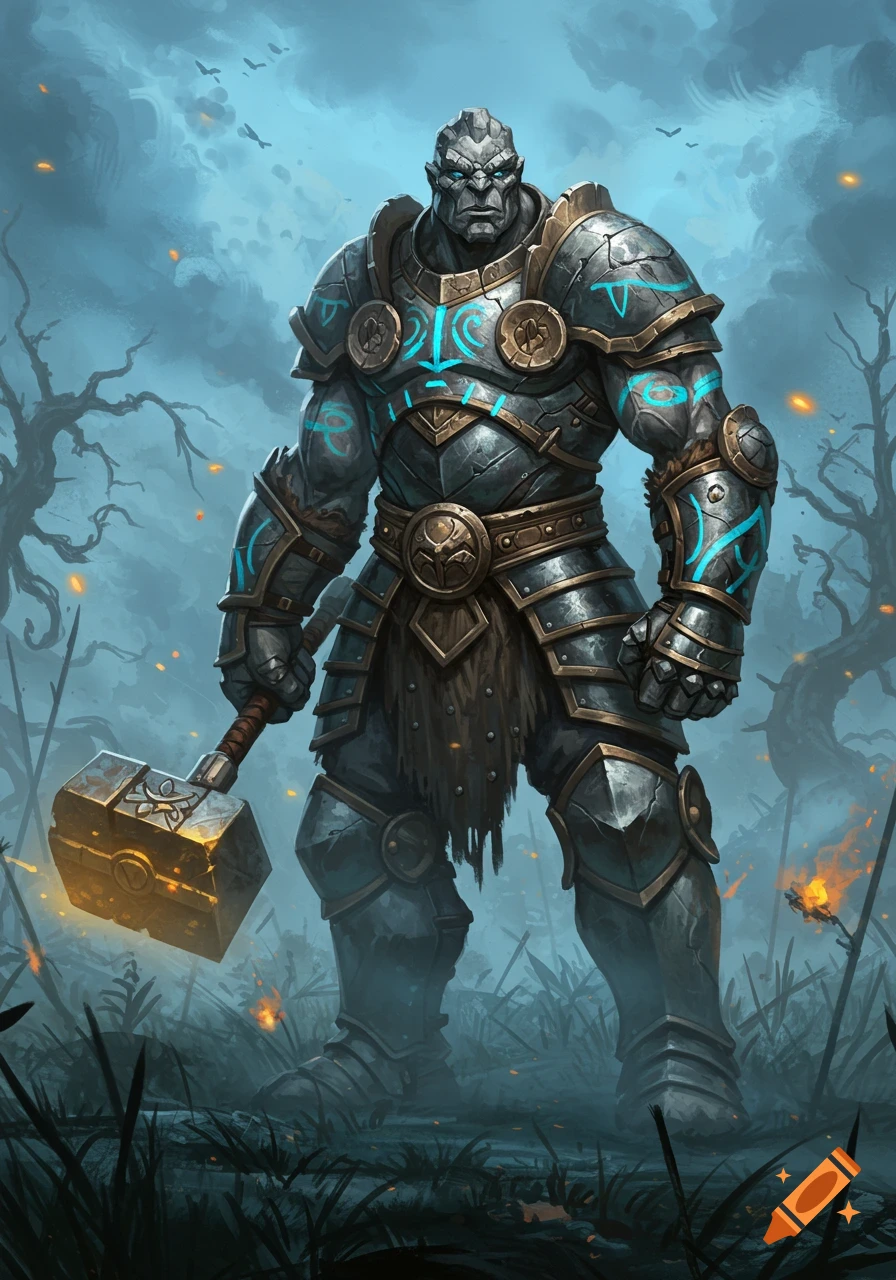 A towering, armored Goliath warrior with rock skin holds a glowing warhammer on a misty, dark battlefield. Digital fantasy art.
