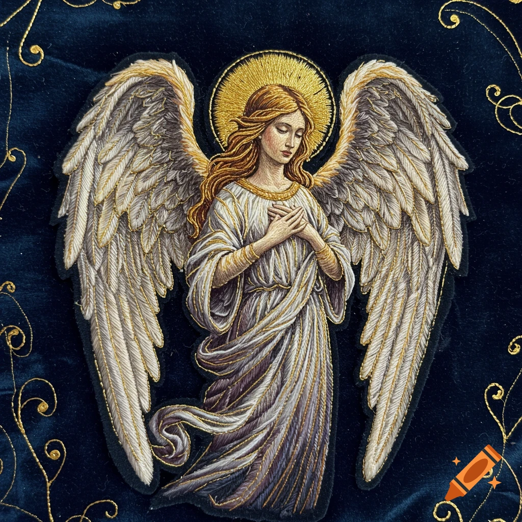 Embroidered patch of an angel with a halo, hands clasped in prayer, on a dark blue velvet background with gold swirls.
