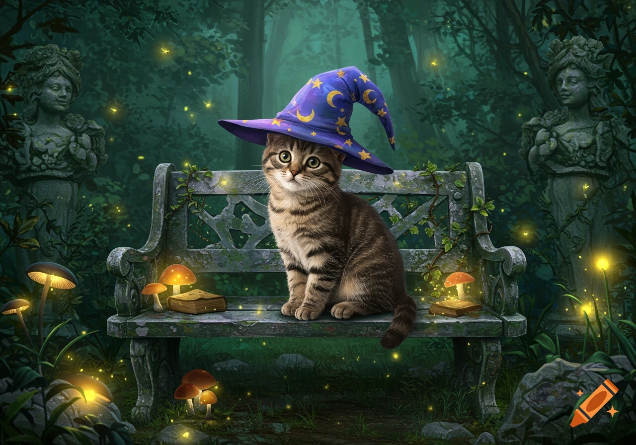 A cute tabby kitten wearing a purple wizard hat sits on a mossy stone bench in a magical, glowing forest.