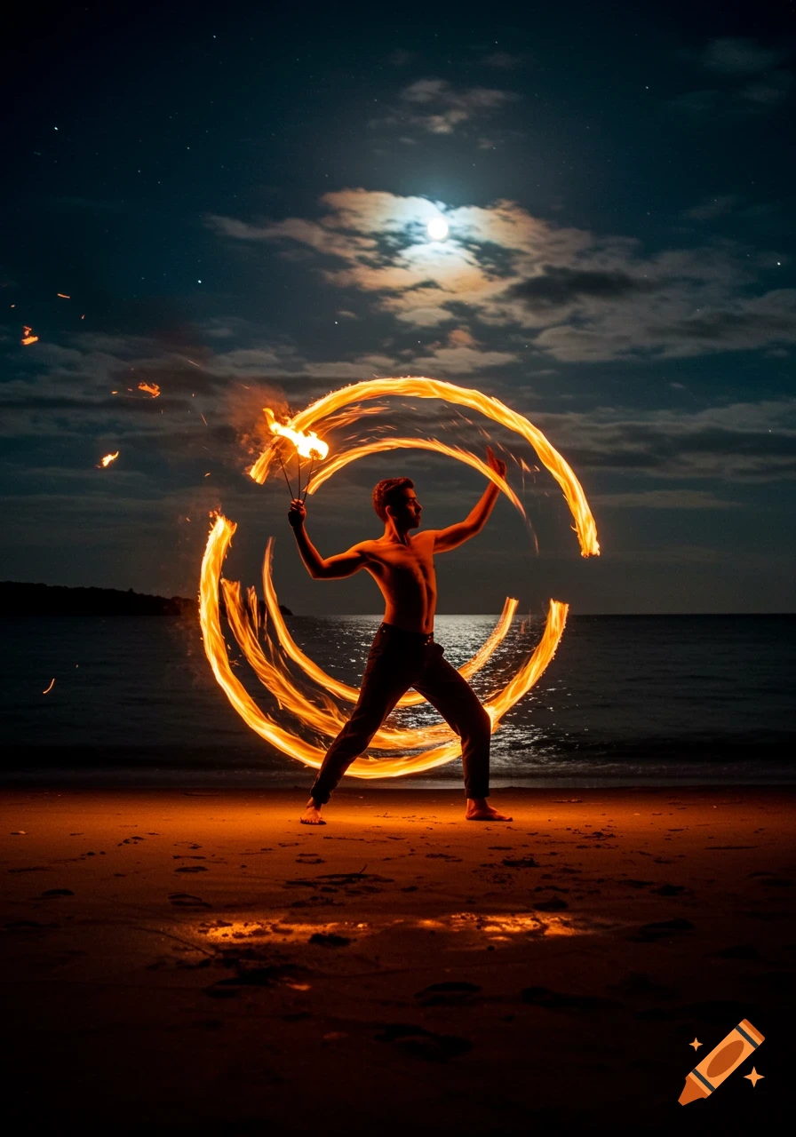 A shirtless man performs fire art on a beach at night, creating large flaming circles against the moonlit sky.
