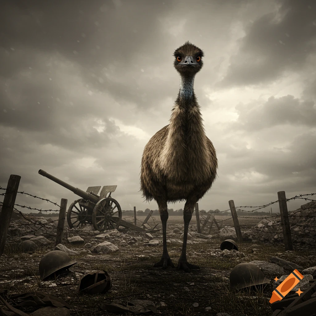 A photorealistic emu with orange eyes stands prominently in a desolate WWII battlefield, staring at the camera. A cannon and barbed wire are visible.