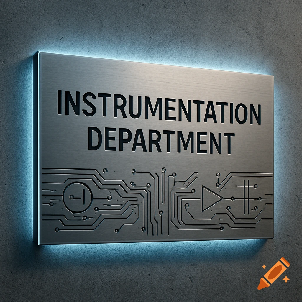A glowing metallic sign on a concrete wall reads 'INSTRUMENTATION DEPARTMENT' with circuit board graphics.