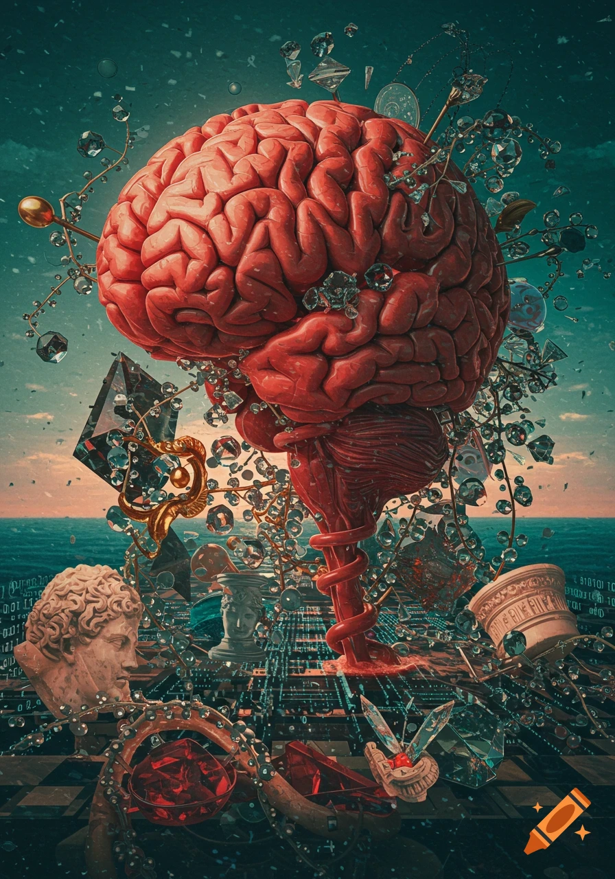 A vibrant, surreal image featuring a large human brain surrounded by sparkling jewels, classical busts, and digital code against a teal and orange sky over an ocean.