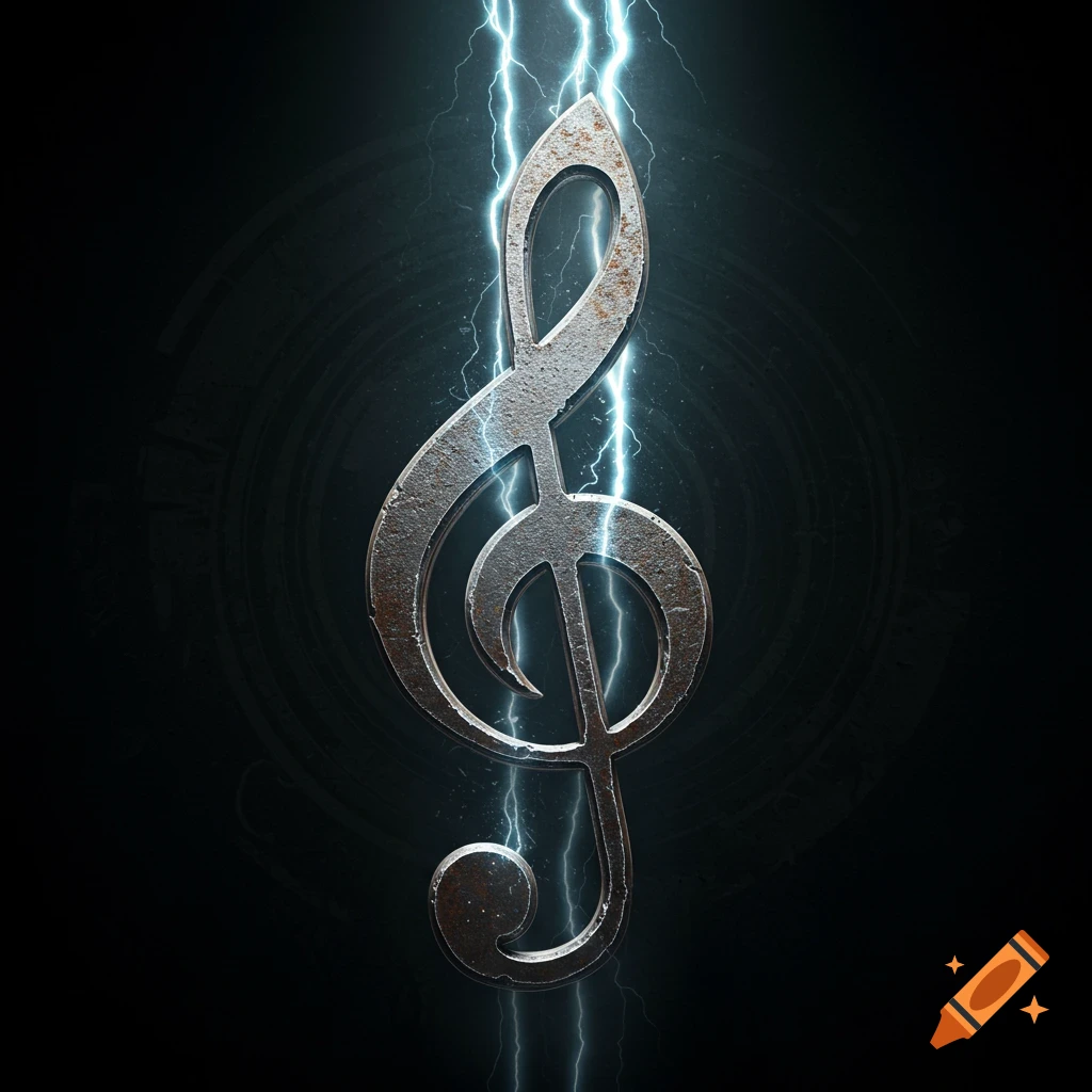 A metallic, rusty treble clef stands prominently against a dark, shadowy background, illuminated by bright blue lightning bolts.