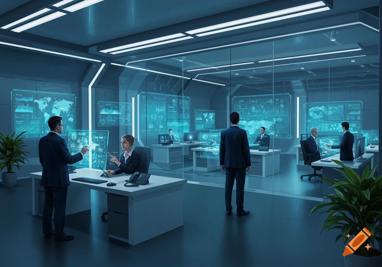 People in a futuristic control room with large interactive holographic displays and data screens.