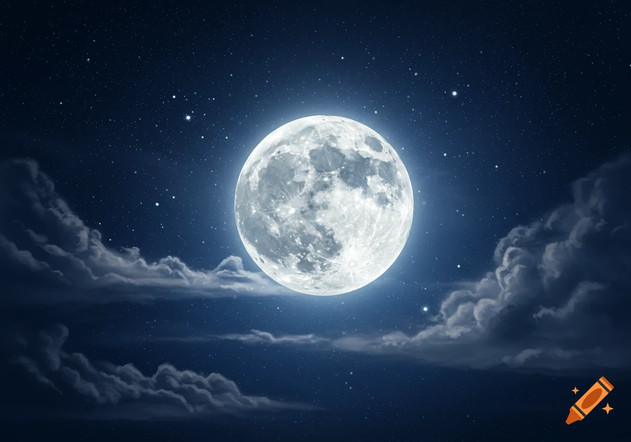A full moon illuminates a dark blue starry night sky, with wispy clouds below.