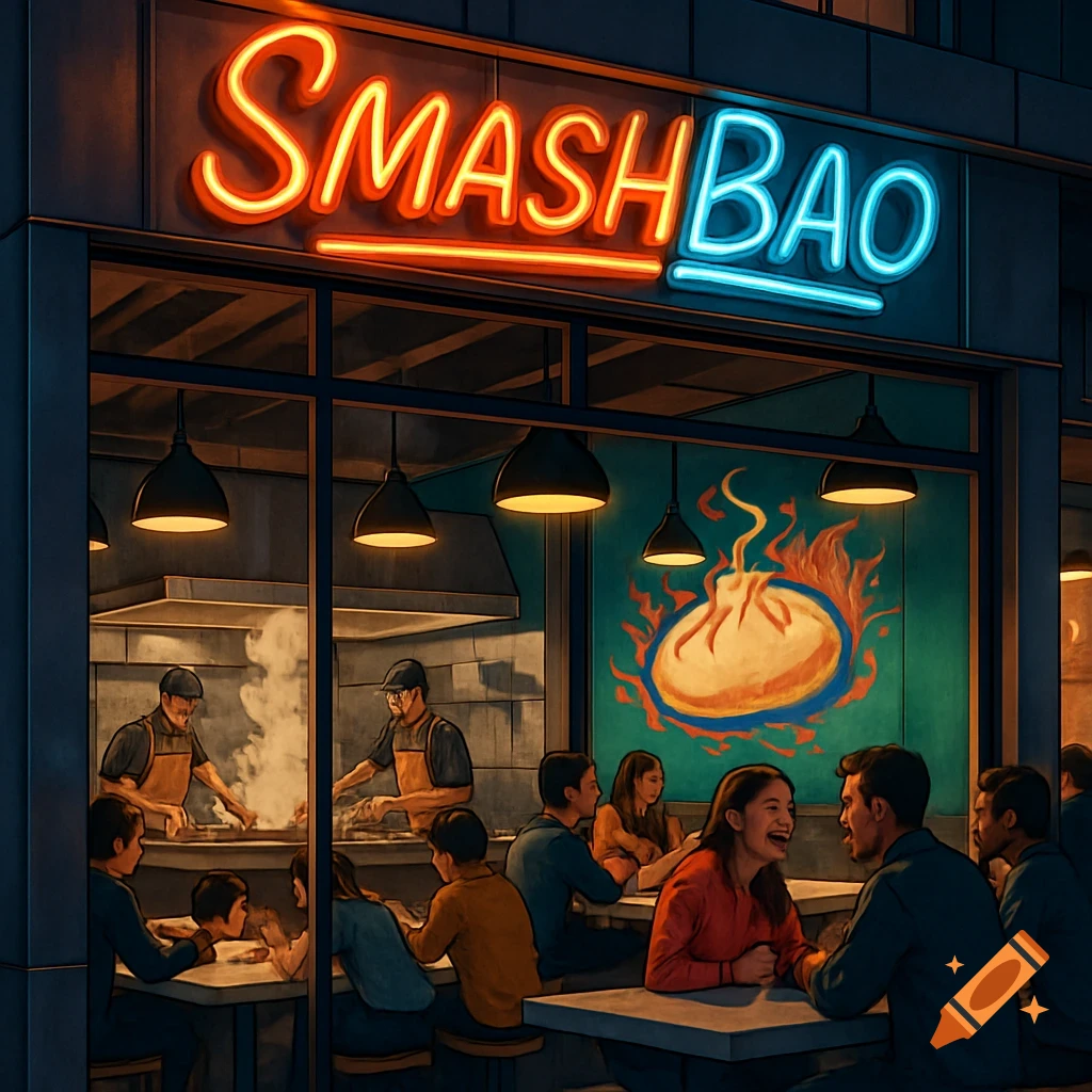 A vibrant neon sign reading 'SMASHBAO' illuminates a bustling restaurant with chefs cooking and patrons dining inside.