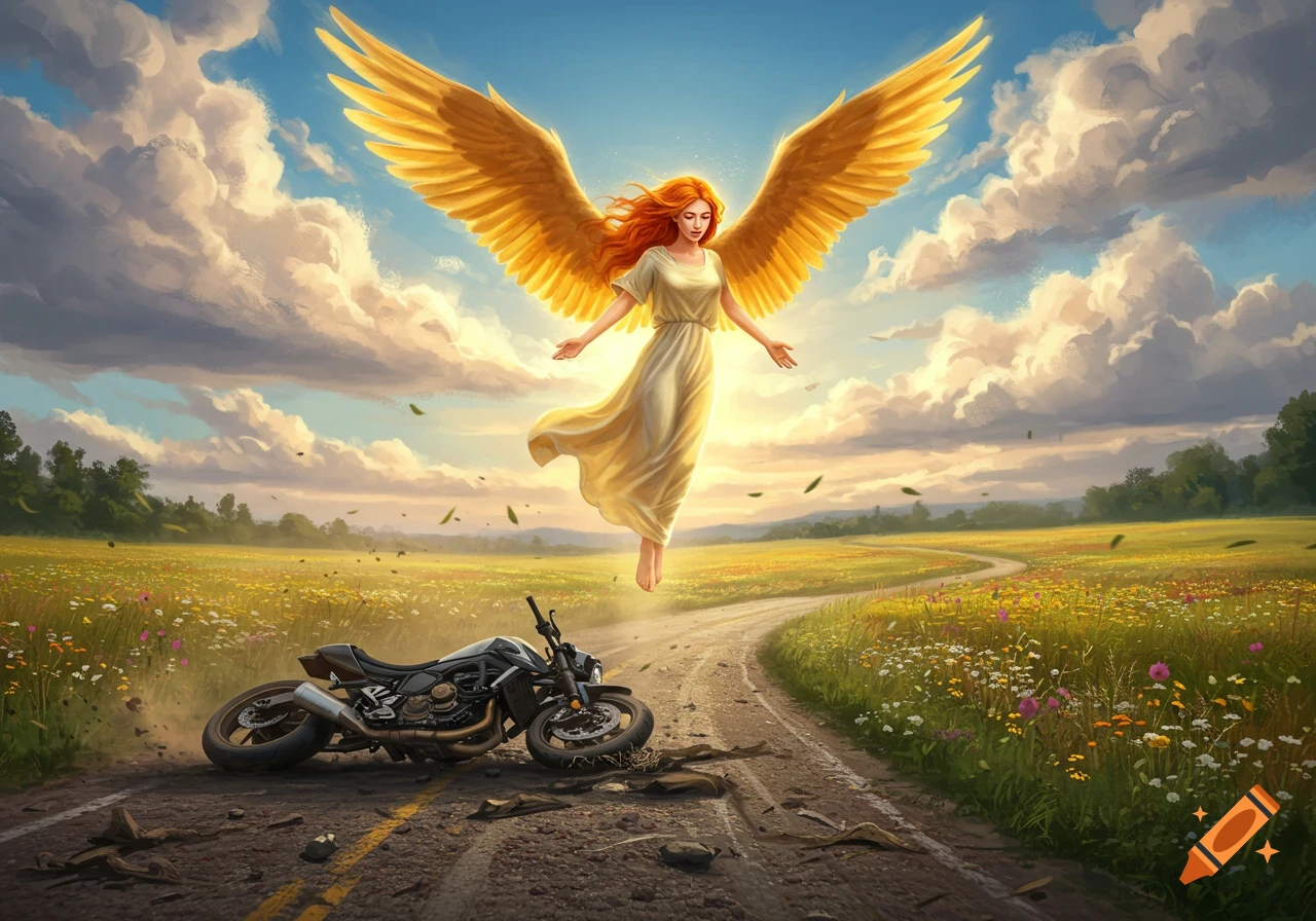A red-haired angel with golden wings floats above a crashed motorcycle on a dirt road through a field of wildflowers under a cloudy sky.