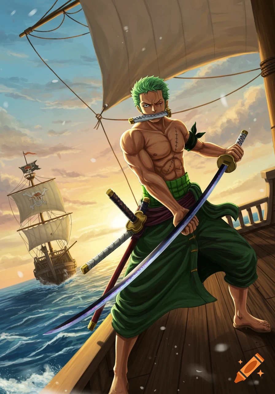 A muscular man with green hair, Roronoa Zoro, stands on a ship deck at sunset, holding two katanas and one in his mouth. A pirate ship sails in the background.