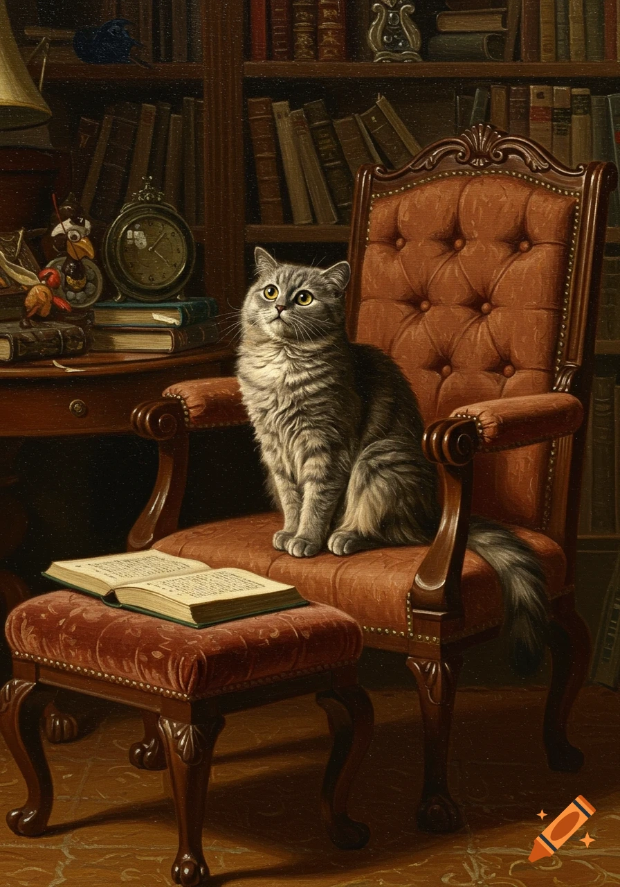 Oil painting of a gray cat sitting on an ornate brown armchair in a library, looking up. An open book is on a footstool nearby.