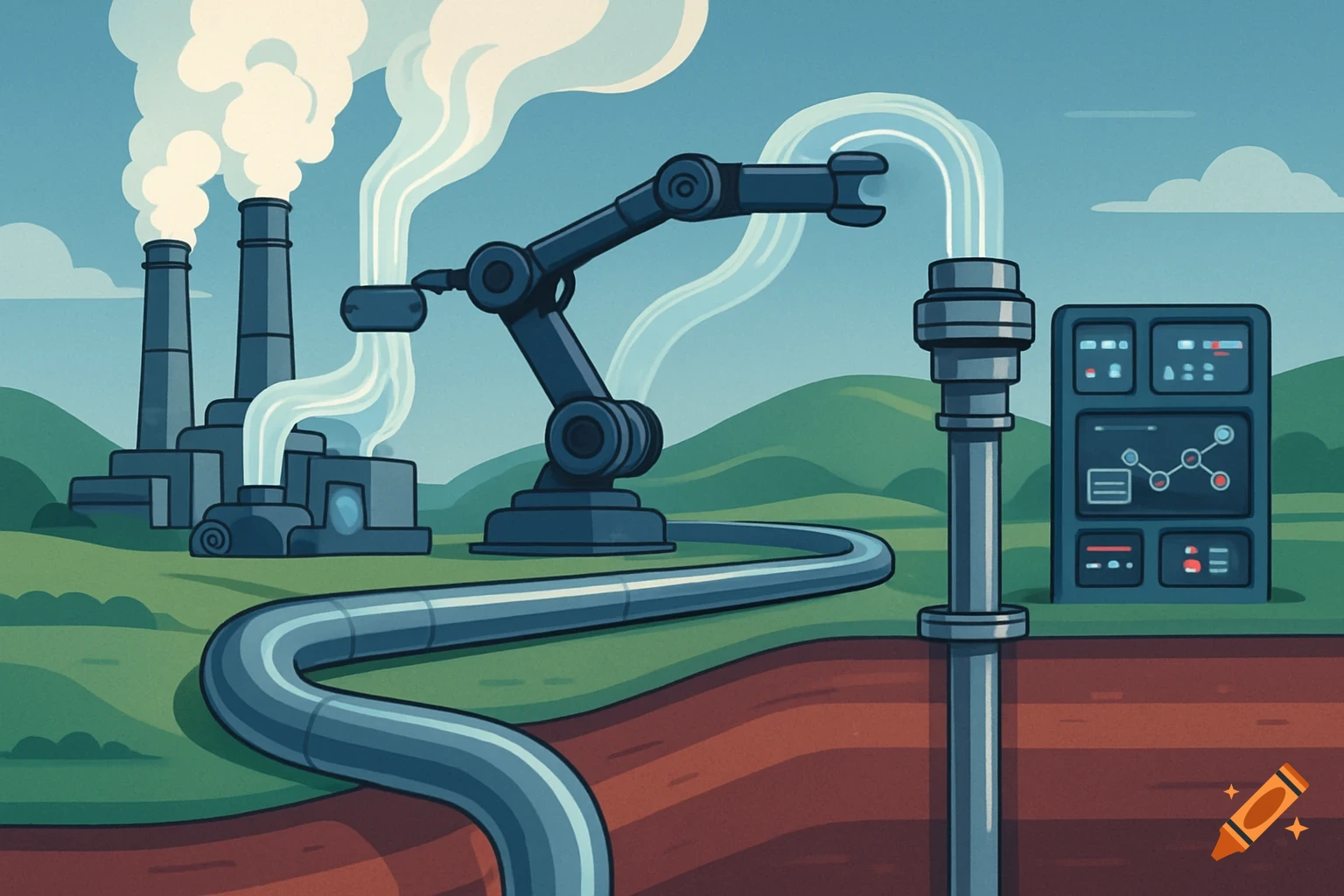 An illustration of a carbon capture and storage process with factory chimneys, a robotic arm, pipelines, and a control panel.