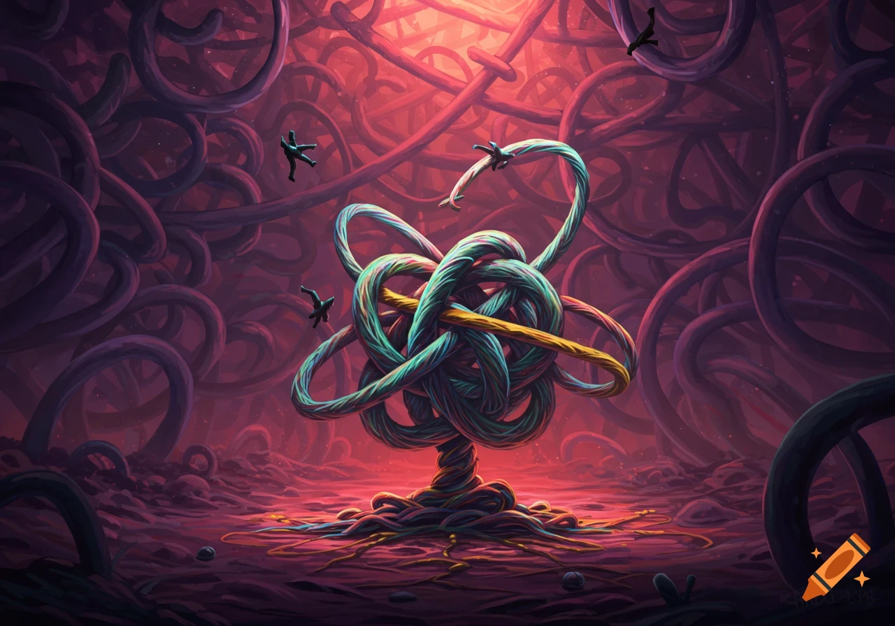 An intricate knot of colorful braided cords forms a central plant-like structure in a tangled red and purple abstract landscape with floating figures.