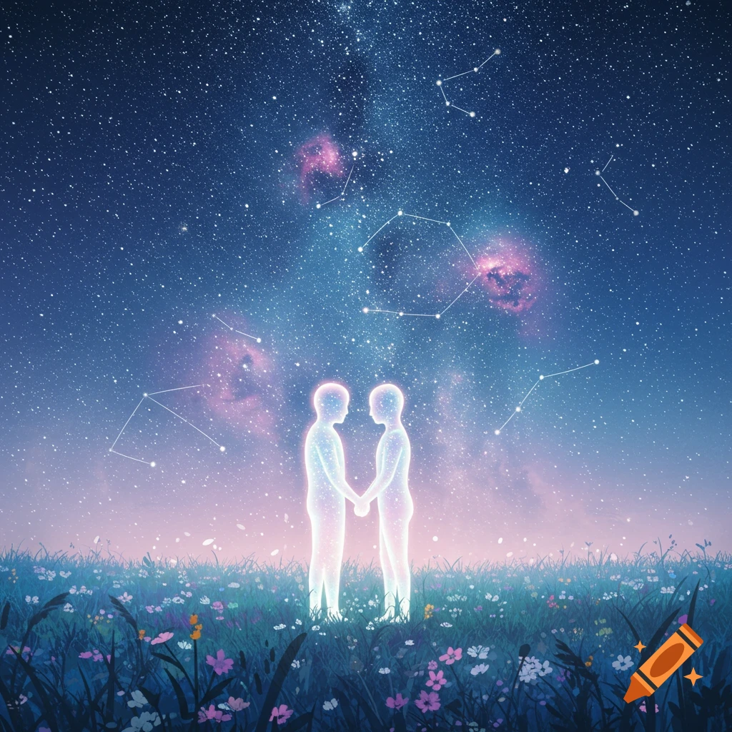 Two glowing, ethereal figures hold hands in a field of wildflowers under a vast, starry night sky with nebulae and constellations.