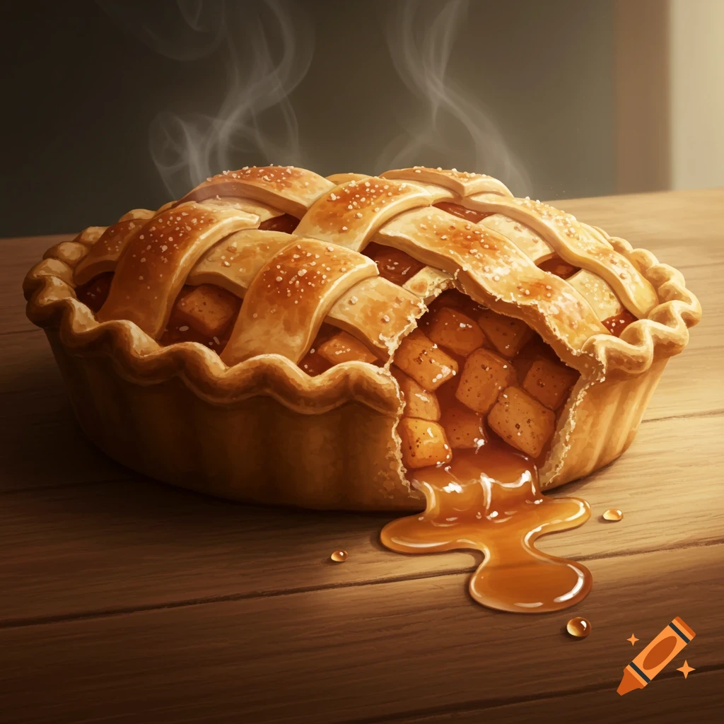 A freshly baked apple pie with a lattice crust on a wooden table, steam rising, and sweet filling oozing onto the table.