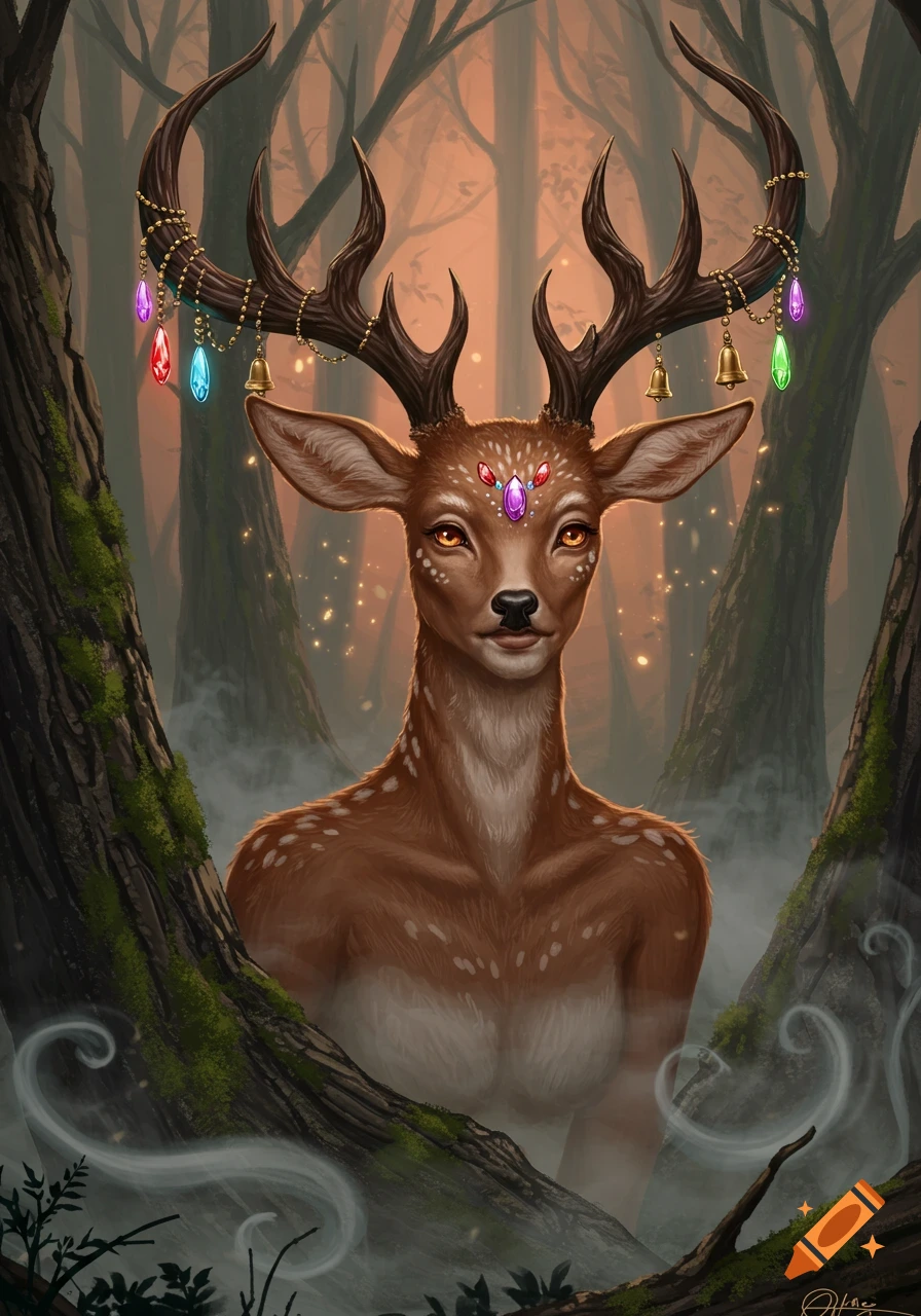 Digital painting of a mystical fawn woman with glowing eyes and horns adorned with colorful gems and bells, standing in a misty forest.