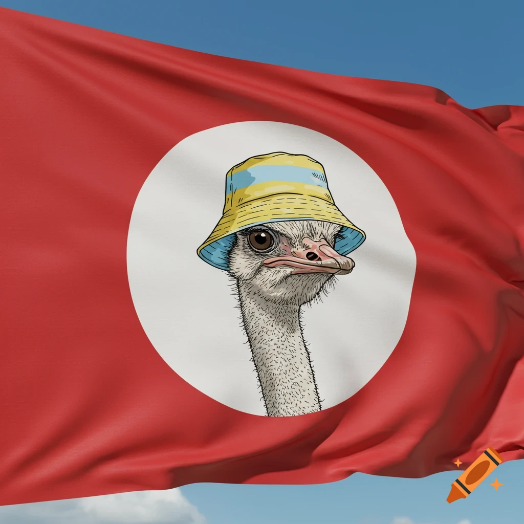 An illustrated ostrich wearing a yellow and blue striped bucket hat centered on a red flag with a white circle, against a blue sky.