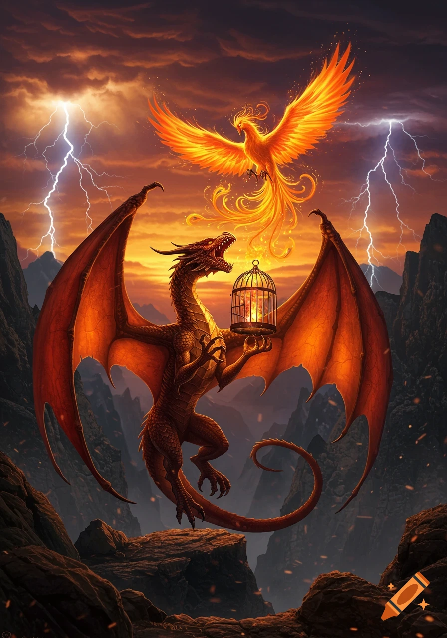 A fierce red dragon holds a cage as a glowing phoenix emerges from it, set against a stormy sky with lightning.