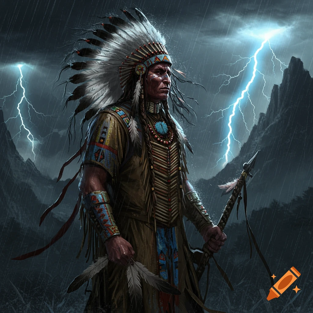 A detailed portrait of a Native American warrior in traditional regalia, standing in heavy rain with dramatic lightning strikes in the background.