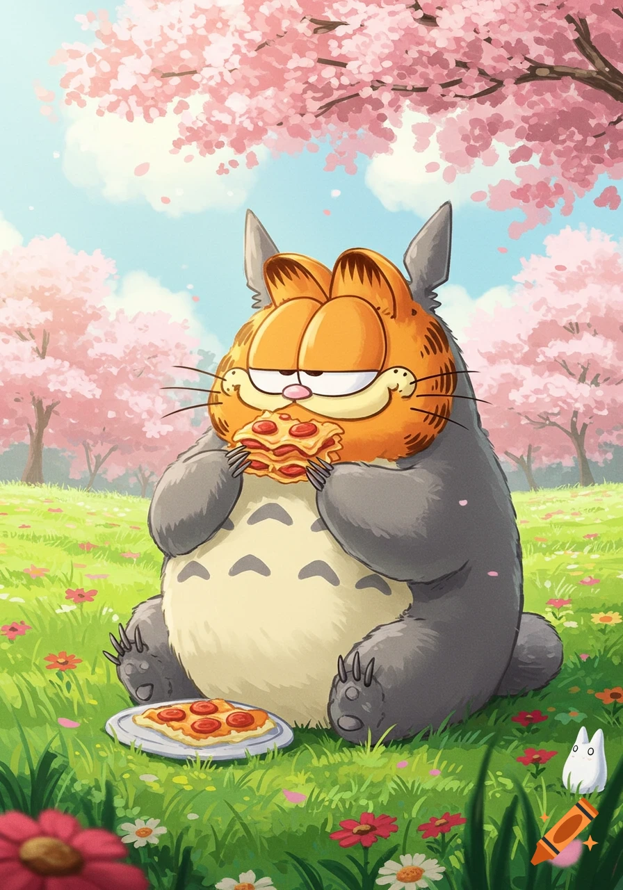 Cartoon character Garfield as Totoro sits in a cherry blossom field eating pizza, with a smaller Totoro nearby.