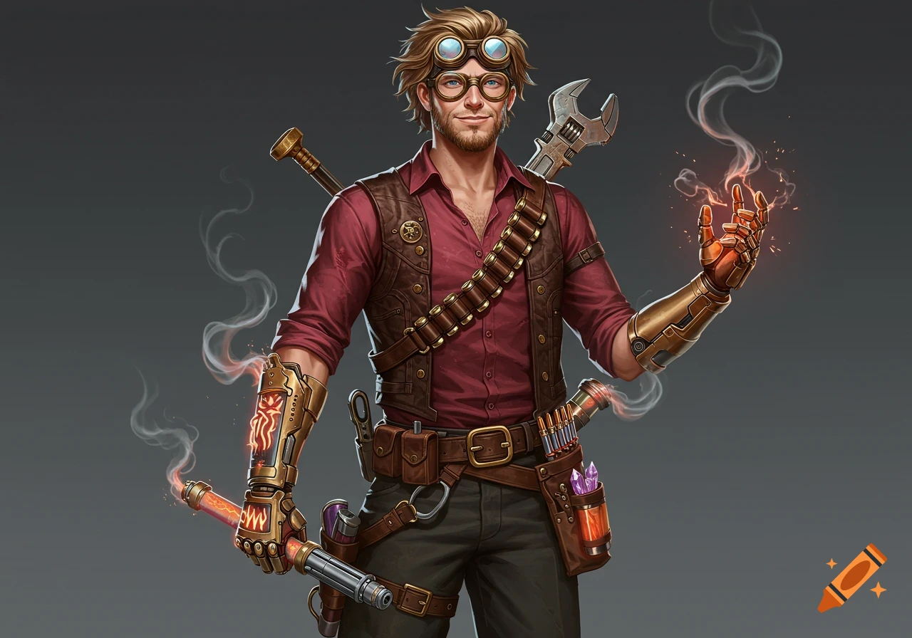 A smiling male character in steampunk attire, with goggles on his head, a leather vest, and glowing mechanical gauntlets.