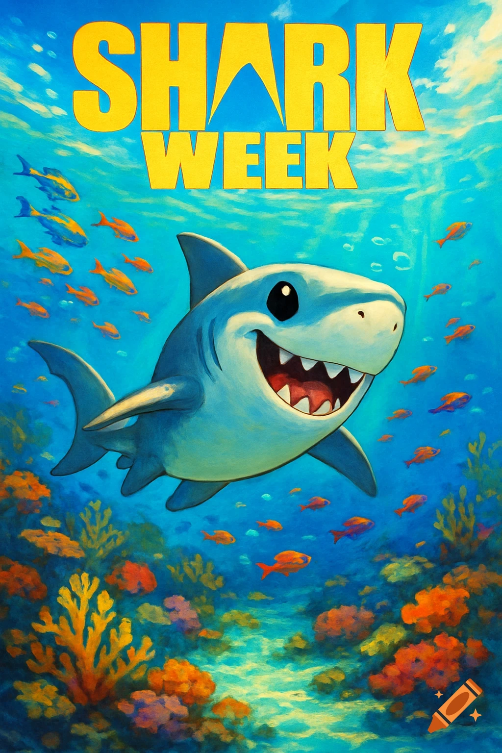 A happy cartoon shark swims underwater amidst colorful coral and fish, with bright yellow text reading 'SHARK WEEK' at the top.