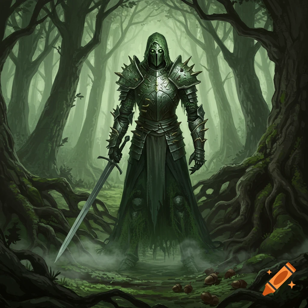 A moss-laden knight or revenant wearing spiked green and silver armor, holding a sword, stands in a dark, misty forest.
