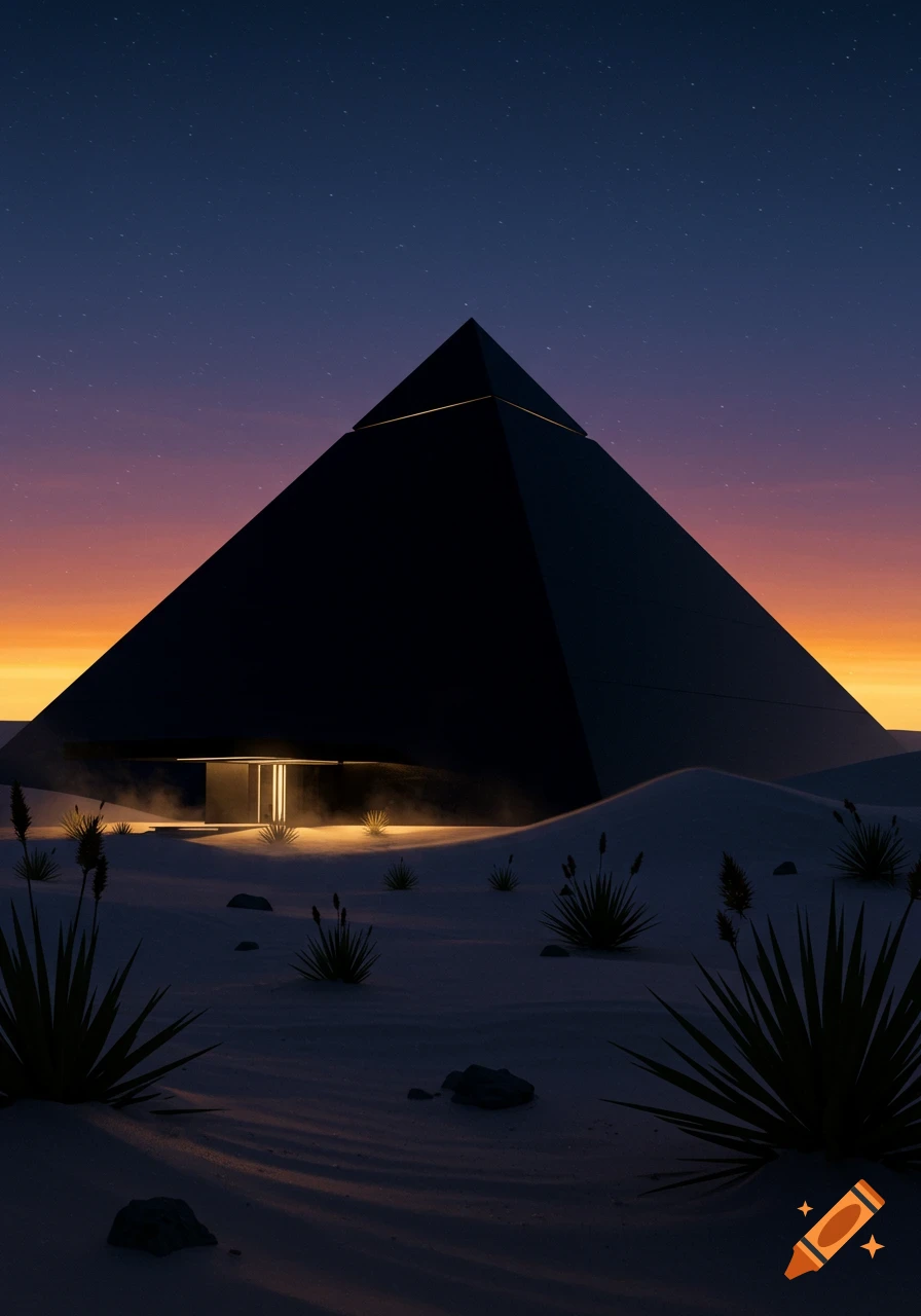 A minimalist black pyramid house with an illuminated entrance in a desert landscape at twilight with stars.