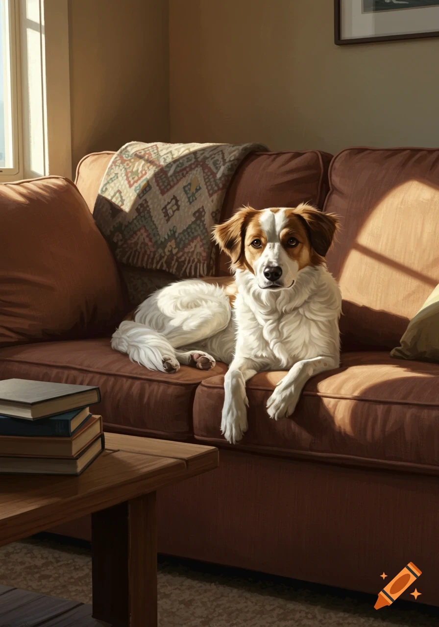 A white and brown dog is lying on a brown couch in a sunlit living room, appearing photorealistic.