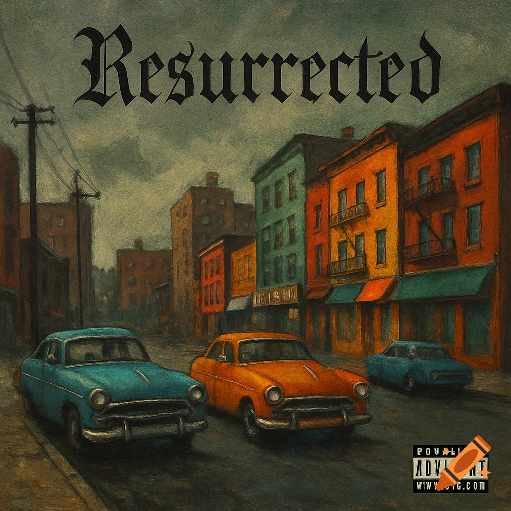A vintage-style painting of a gloomy city street with colorful buildings and classic cars. The word 'Resurrected' is at the top in black calligraphy.