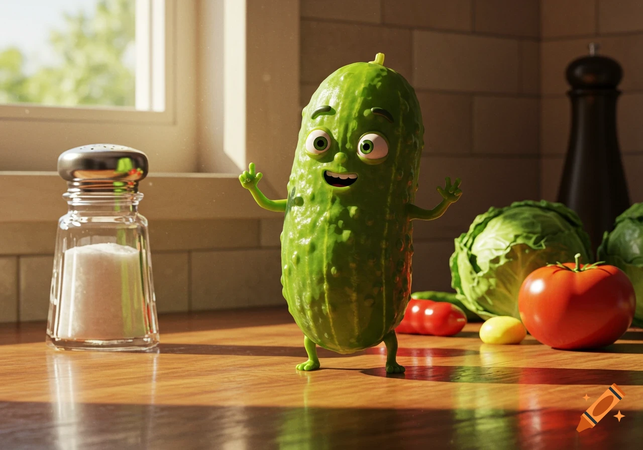 A cheerful anthropomorphic pickle character with arms and legs stands on a sunlit kitchen counter next to a salt shaker, cabbage, and tomato.