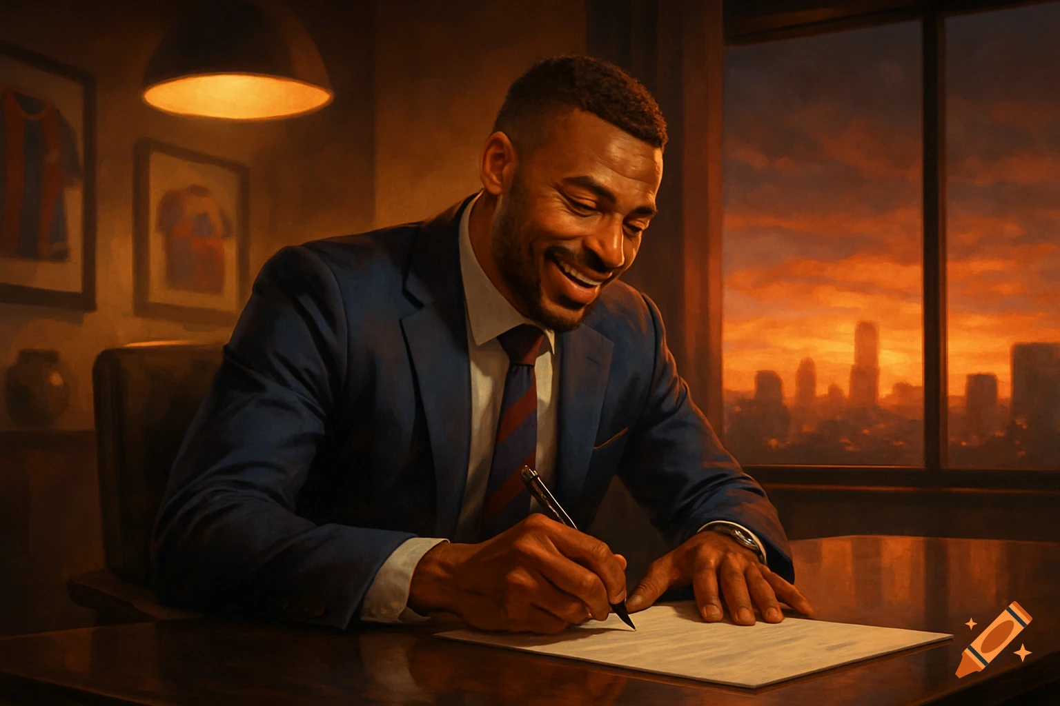 A smiling man in a suit signs a contract at a desk with a city skyline visible through a window at sunset.