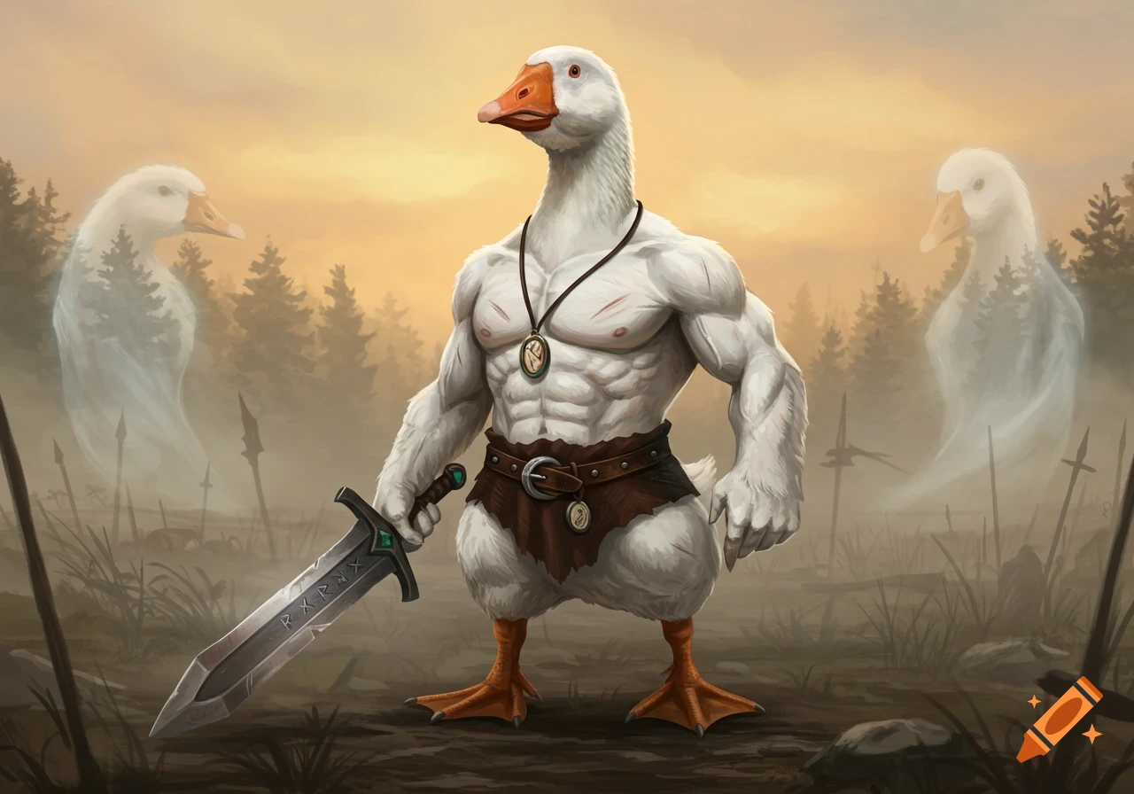 A muscular white goose warrior stands holding a sword with runic symbols, with two ghostly goose figures in a misty forest background.