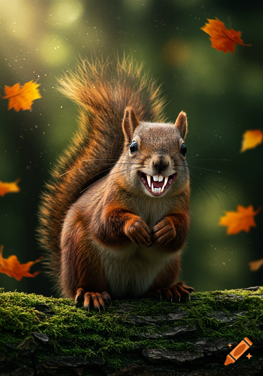 A close-up, photorealistic image of a squirrel with exaggerated, sharp, white teeth, sitting on a mossy log with autumn leaves falling.