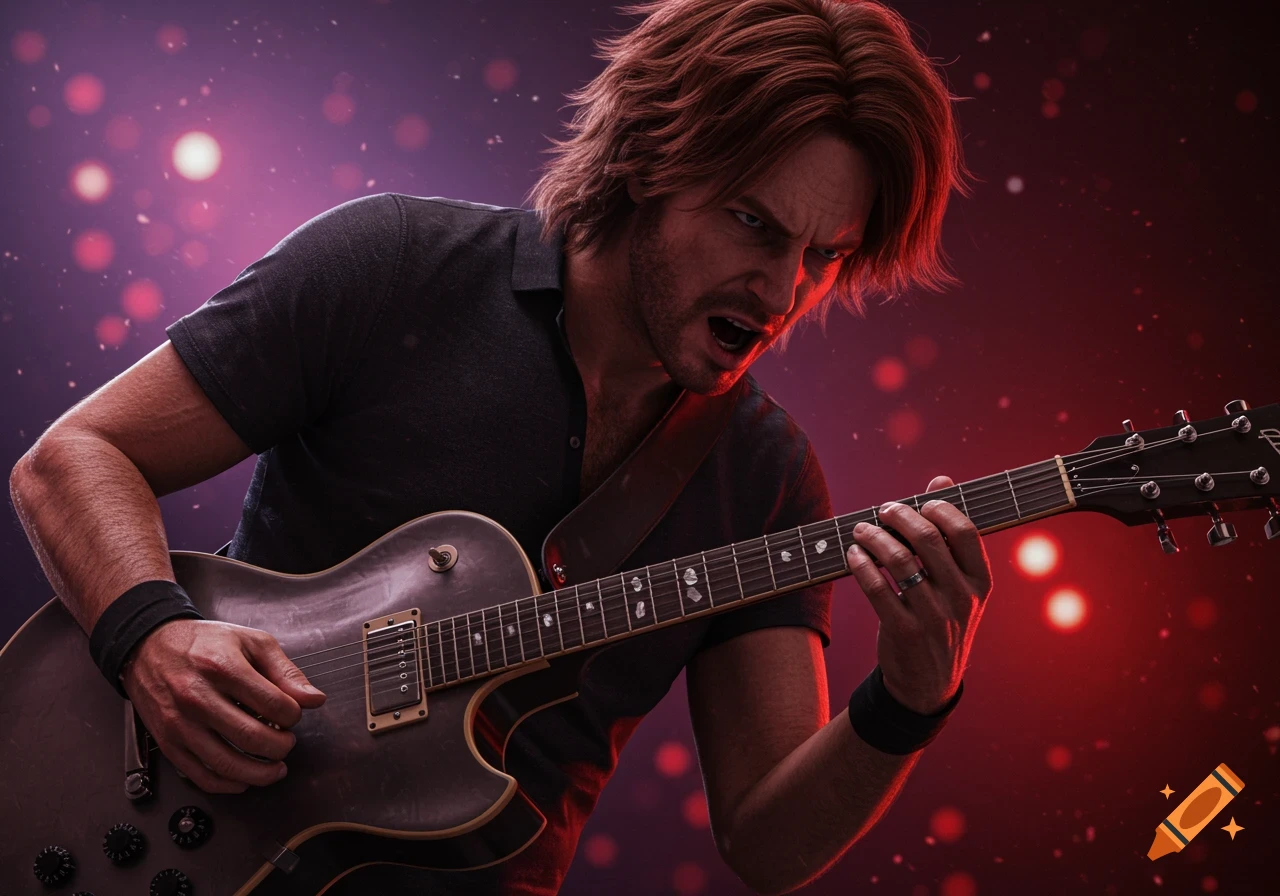 Close-up of a male rock guitarist with long hair passionately playing an electric guitar on stage with a red and purple illuminated background.