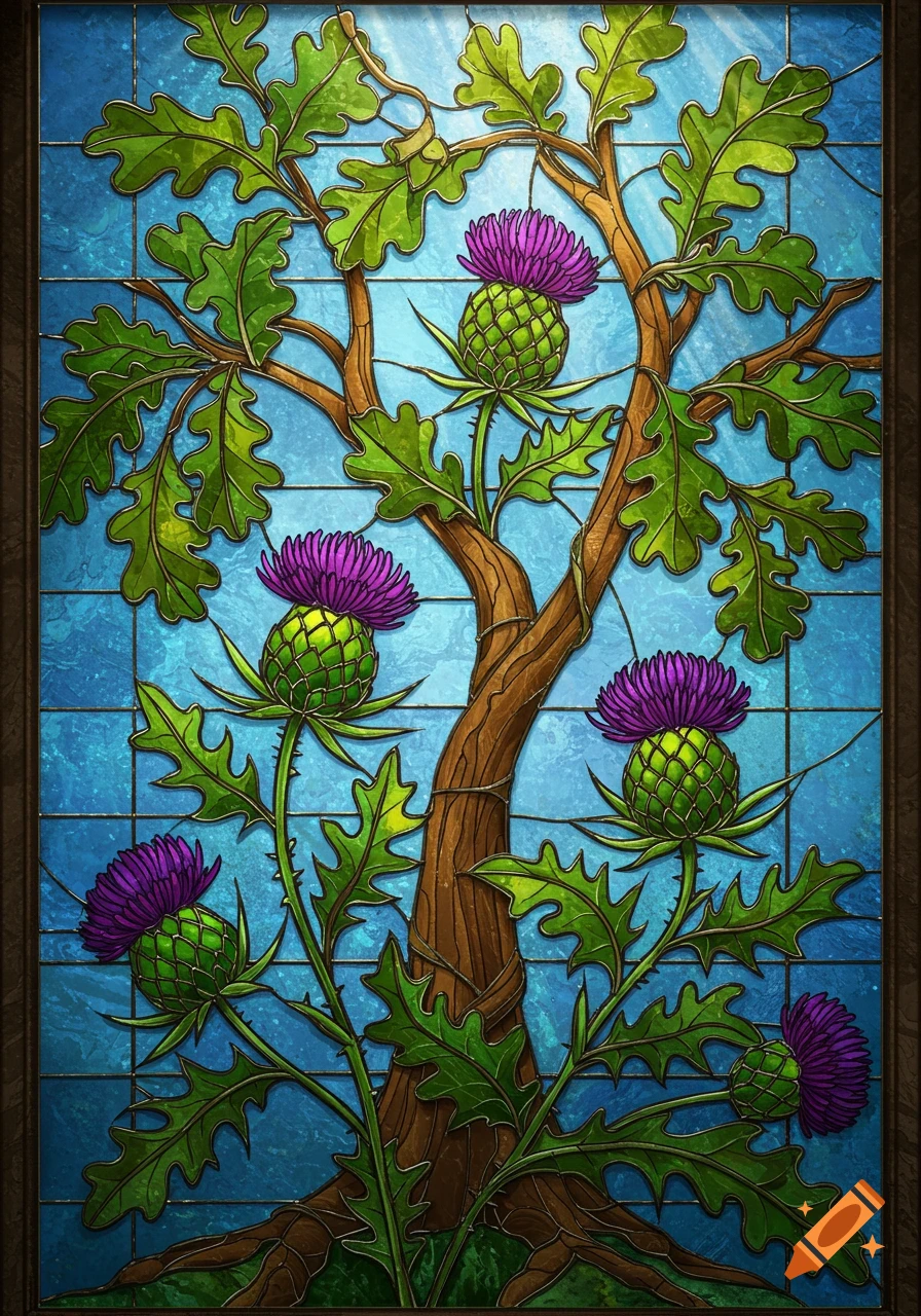 A vibrant stained glass window depicting purple thistles and green oak leaves intertwined against a blue background.