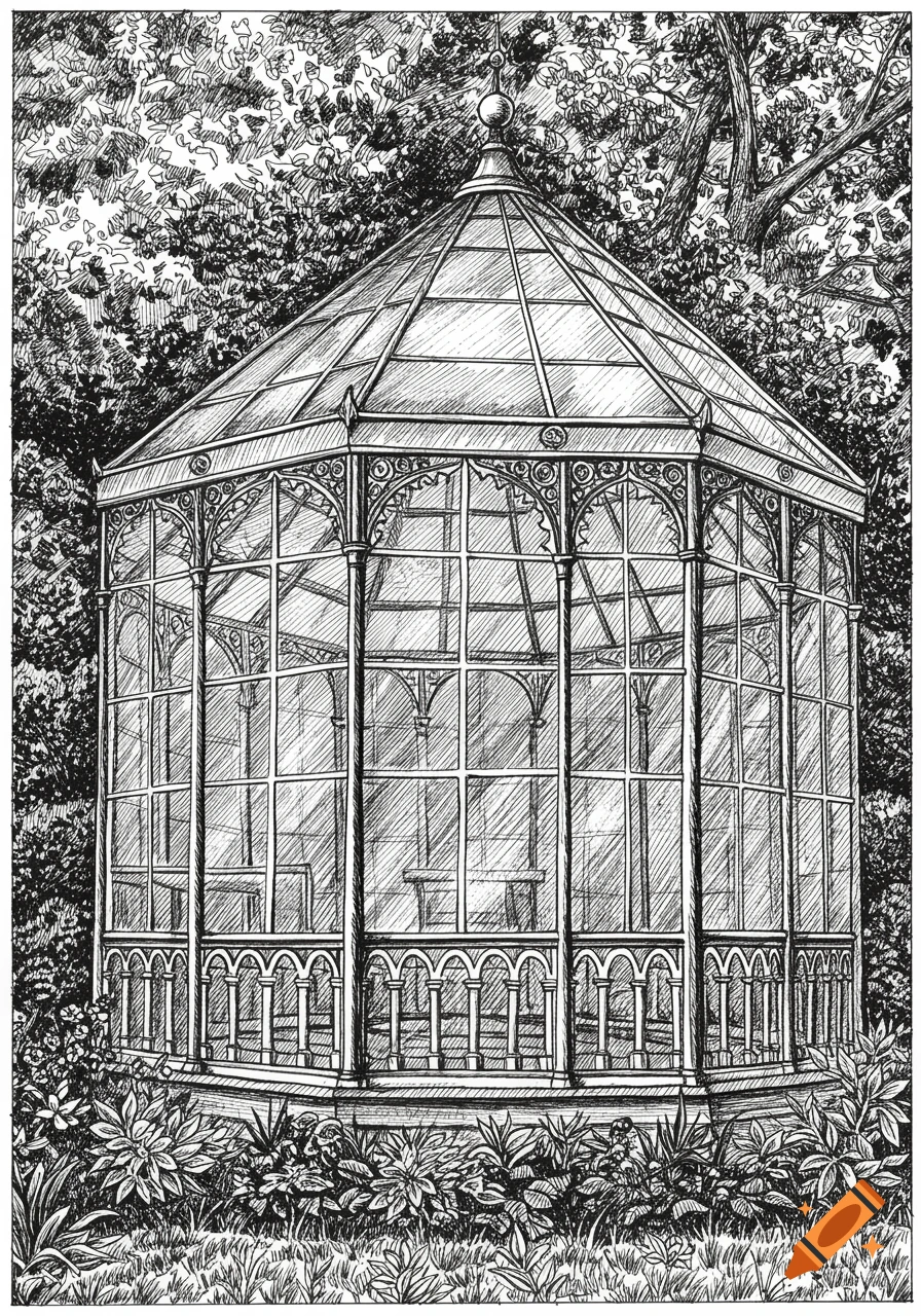 A black and white fineline drawing of an ornate glass gazebo surrounded by dense foliage.