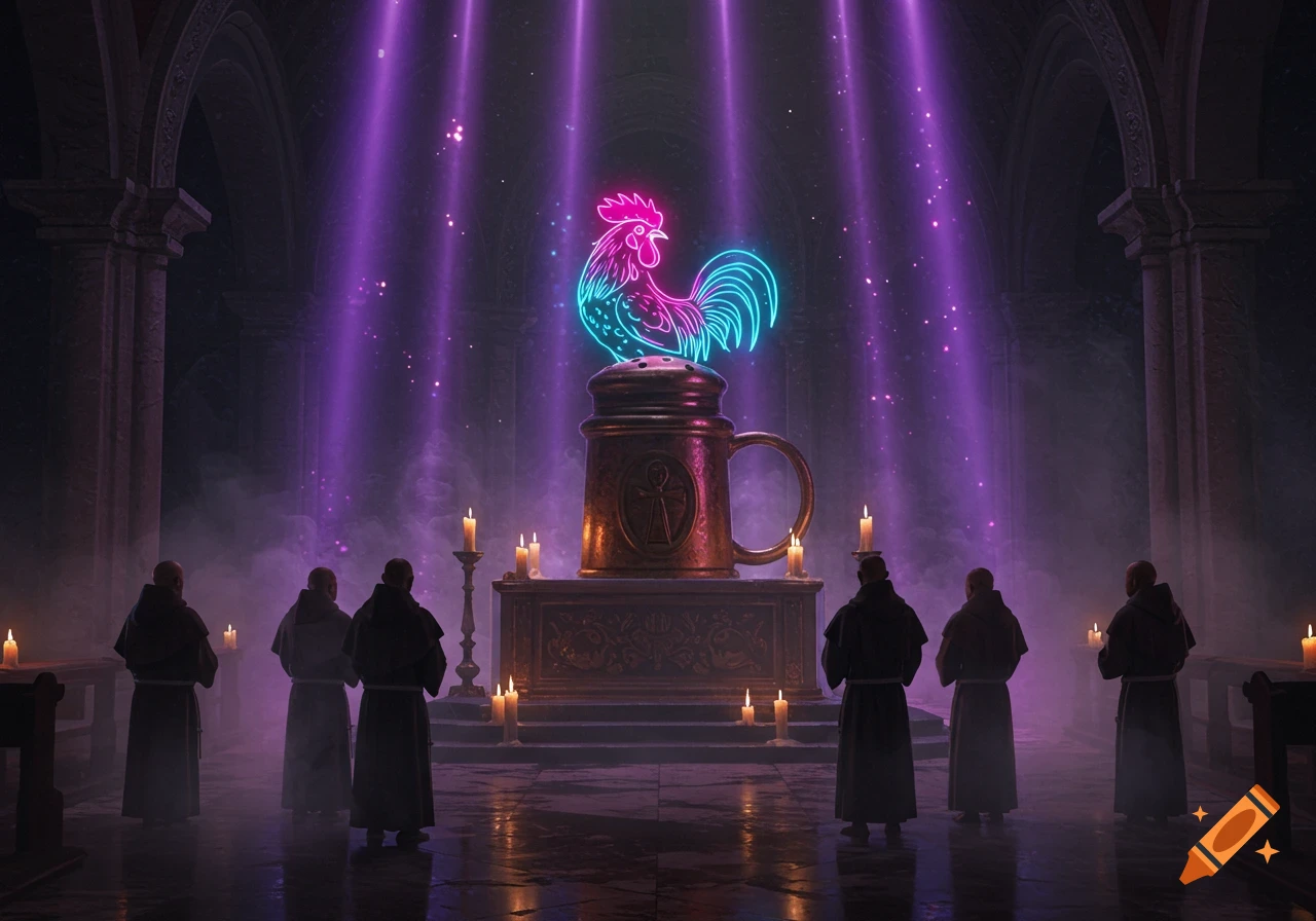 Monks in a dark church worship a glowing neon rooster atop a giant spice shaker, bathed in purple light.