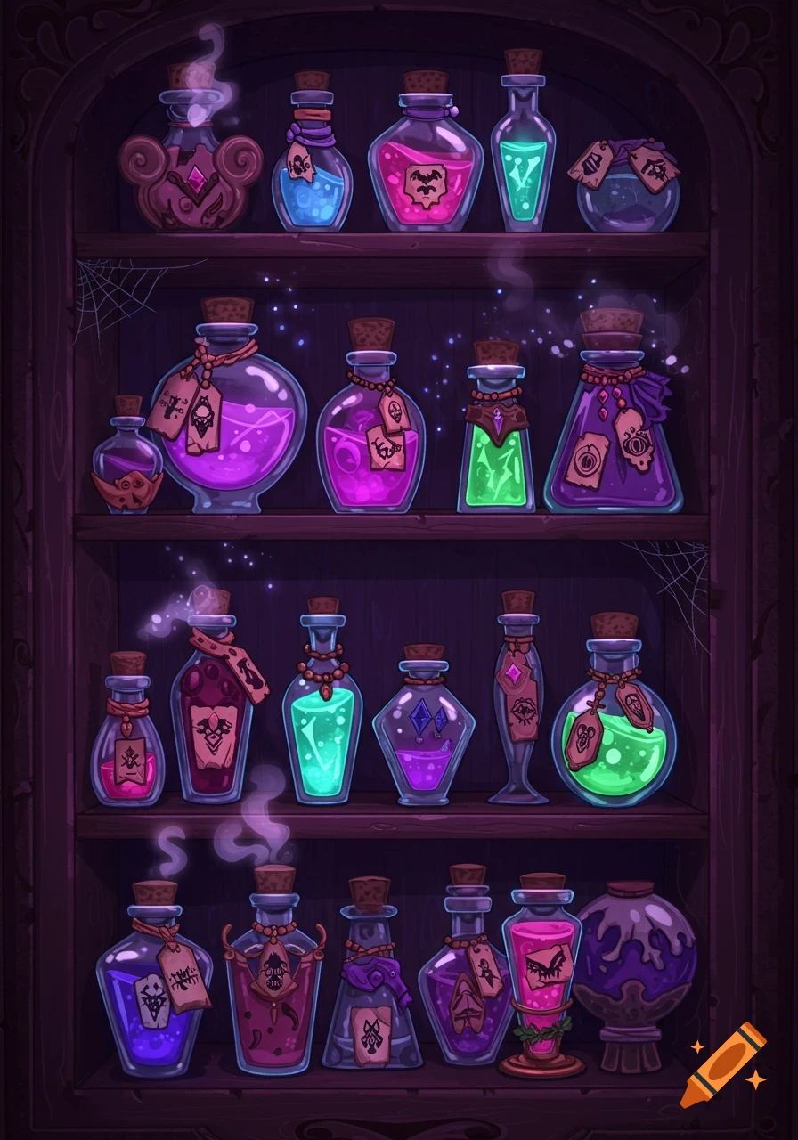 Stylized illustration of a dark wooden shelf filled with glowing, colorful potion bottles and jars.