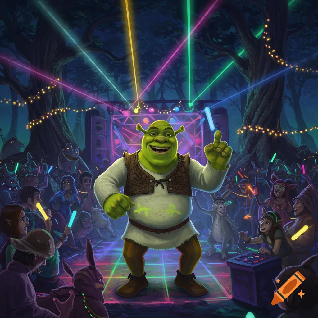 Shrek dances and smiles at a vibrant forest rave party illuminated by colorful laser beams and neon lights, surrounded by other fantasy characters.