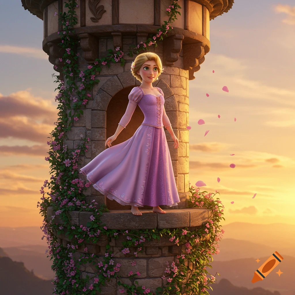 Rapunzel with short blonde hair in a purple dress stands on a stone tower with pink flowers, at sunset, in 3D animation.
