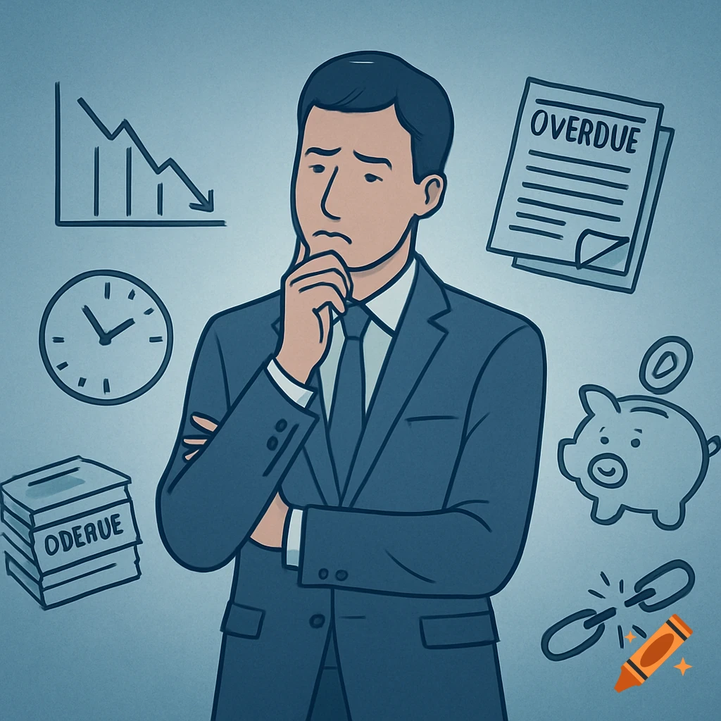 Illustration of a worried man in a suit, surrounded by symbols of financial trouble like a downward graph, overdue bills, a clock, a piggy bank, and a broken chain.