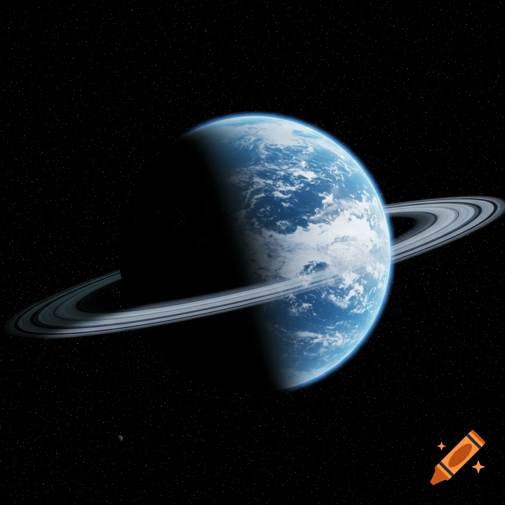 A large blue and white ringed planet with a small moon against a starry black space background.