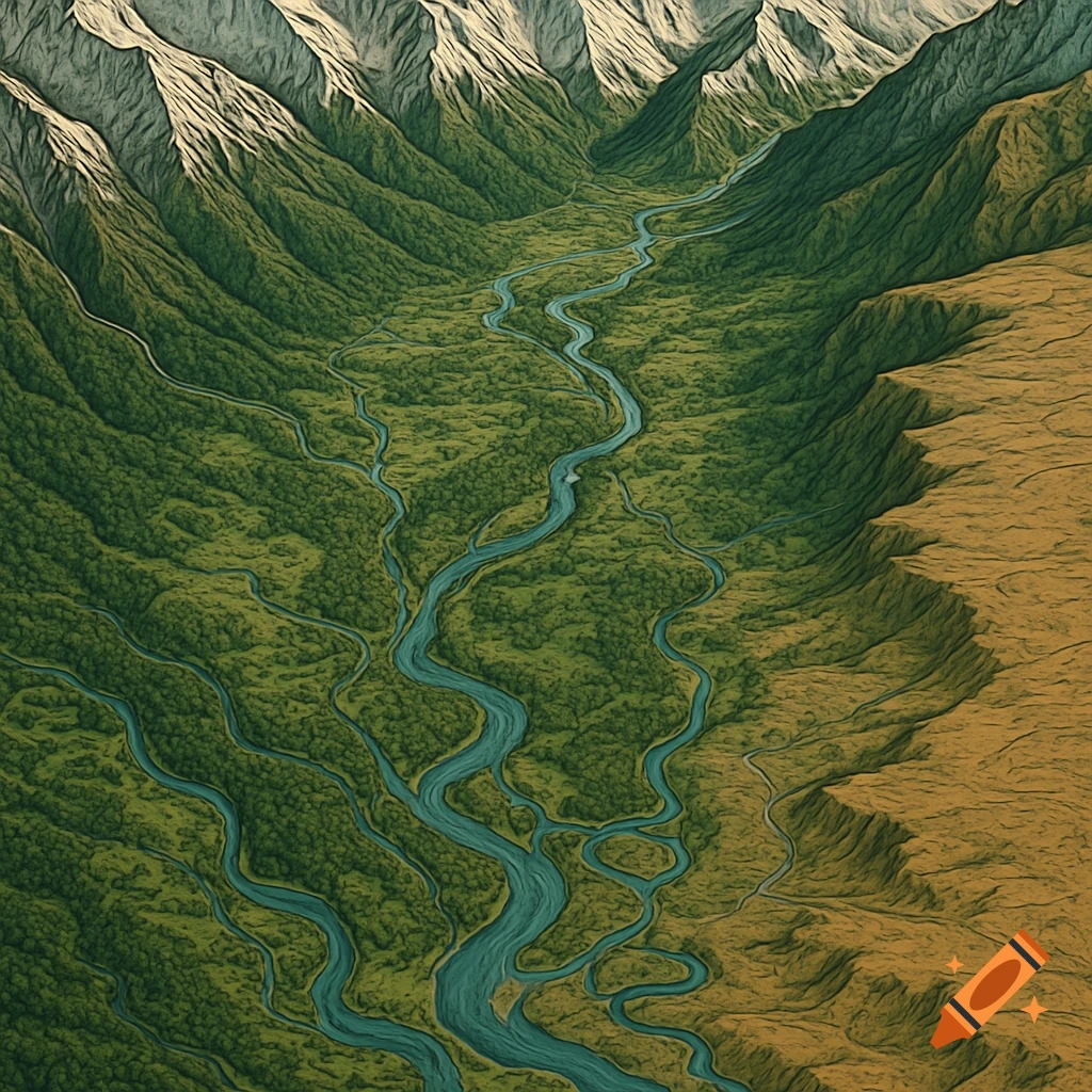 An aerial map view of a winding river flowing through a lush green valley flanked by snow-capped mountains and a flat, dry plateau.
