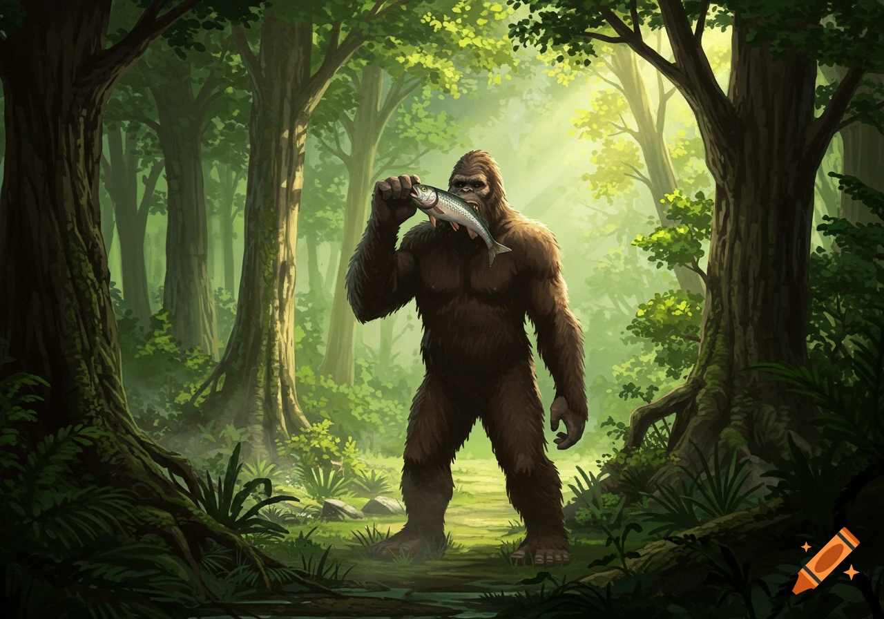 An illustrative image of Bigfoot standing in a lush forest, holding a fish to its mouth.
