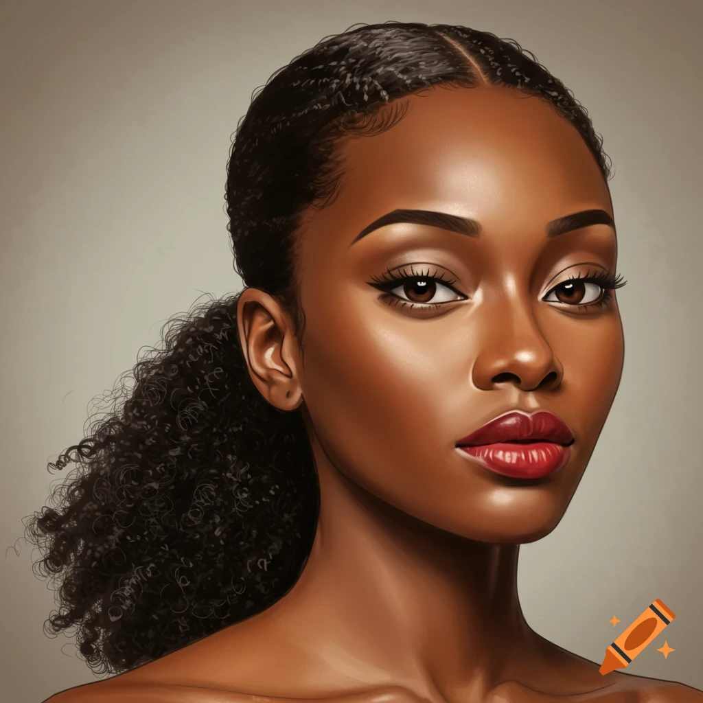 Airbrushed illustration portrait of an African American woman with a high ponytail, baby hairs, bright brown eyes, and red lipstick.