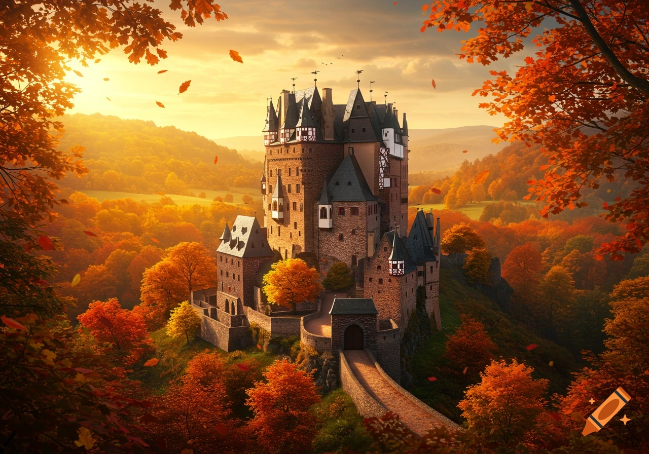 A medieval castle nestled among vibrant orange and red autumn trees, bathed in the golden light of a setting sun.
